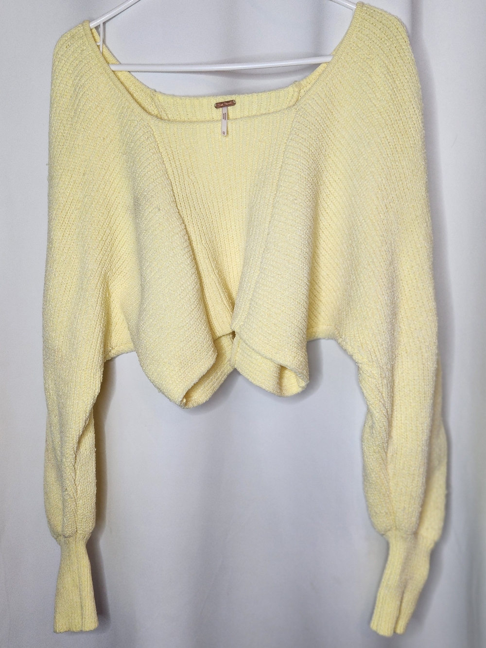 Free People Pale Yellow Off-Shoulder Cropped Knit Sweater